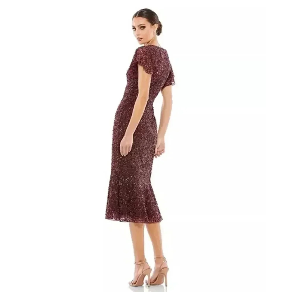NEW- NWT Mac Duggal SEQUINED V NECK FLUTTER CAP SLEEVE TRUMPET DRESS SZ 0 - Picture 2 of 8